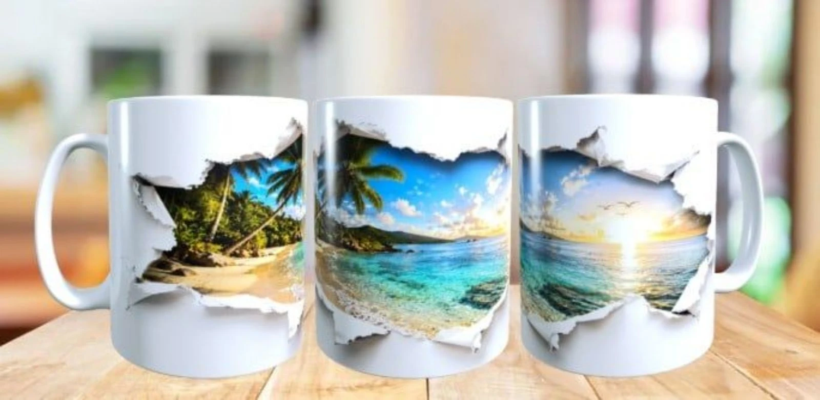 Mug effet papier déchire avec vue mer
